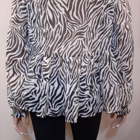 CREAM Zebra Print Blouse Long Sleeve Sheer Plunging Vneck Flowy Buttoned Front - Picture 10 of 15
